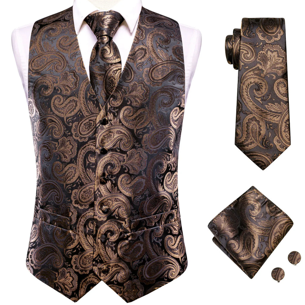 Men's paisley necktie set in brown with matching vest for formal occasions
