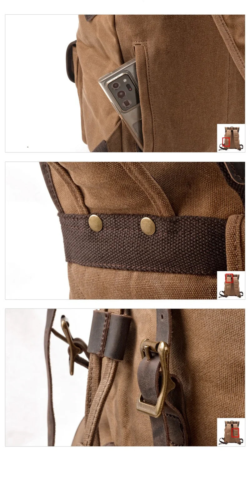 Vintage Leather Travel Backpack, Waxed Canvas 15.6" Laptop
