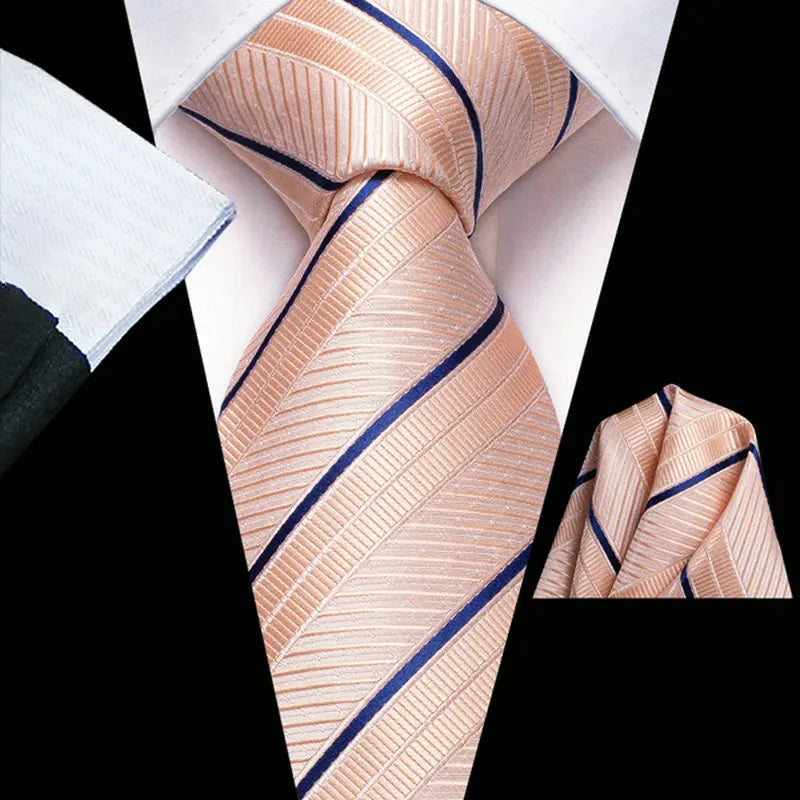 Men's peach silk tie with navy stripes, how fold a pocket square