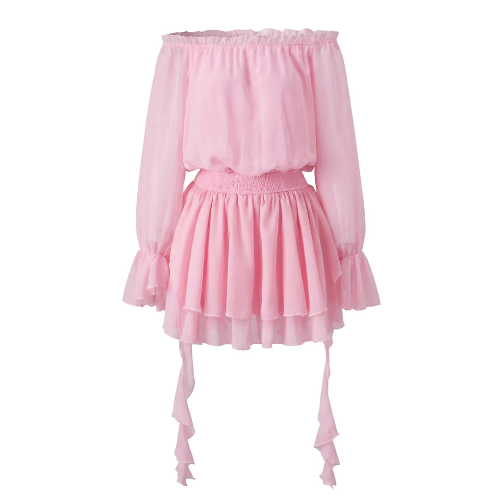 VacationGrabs Elegant Off Shoulder Flare Long Sleeve Chiffon Mini Dress Women Elastic Waist Tiered Ruffle Beach Vacation Short Dress