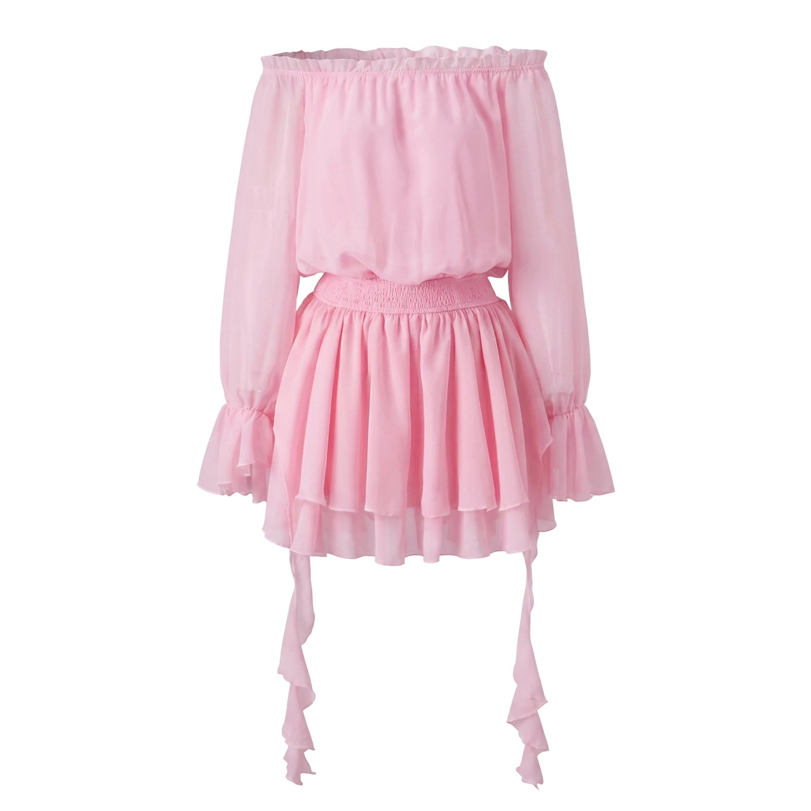VacationGrabs Elegant Off Shoulder Flare Long Sleeve Chiffon Mini Dress Women Elastic Waist Tiered Ruffle Beach Vacation Short Dress
