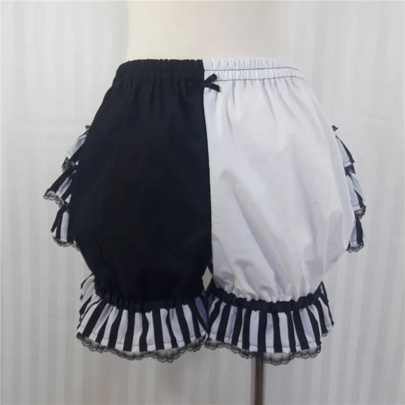 VacationGrabs Lolita Women Bloomers Shorts Color Block Patchwork Ruffle Lace Elastic Waist Pumpkin Pantalettes Sweet Cosplay Bottoms