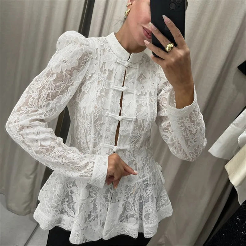 VacationGrabs Vintage Sheer Floral Lace Shirt Women Stand Collar Chinese Knot Buttons Puff Sleeve Peplum Slim Fit Casual Street Blouse
