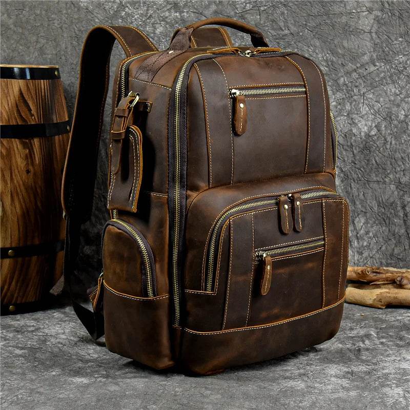 Vintage Crazy Horse Leather Backpack Men Travel Laptop School Bag - VacationGrabs