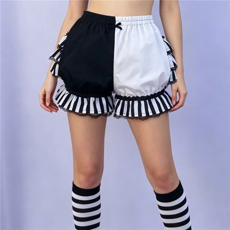VacationGrabs Lolita Women Bloomers Shorts Color Block Patchwork Ruffle Lace Elastic Waist Pumpkin Pantalettes Sweet Cosplay Bottoms