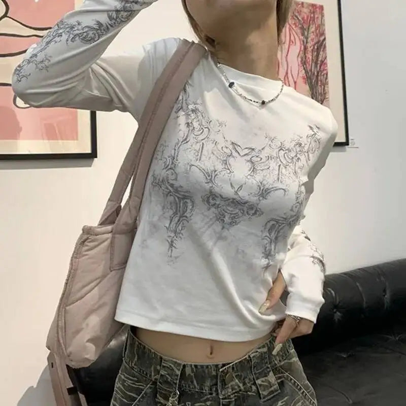 Women's Y2K Geometric Print Long Sleeve O-Neck Tee