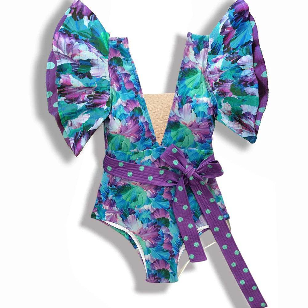 Women's Ruffle Sleeve Deep-V Bathing Suit - VacationGrabs