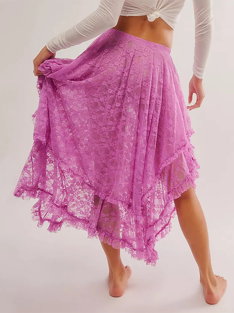 VacationGrabs Floral Lace Long Skirt for Women Y2K Elastic Waist Asymmetrical Layered Maxi Skirt Sexy See Through Flowy Beach Skirt