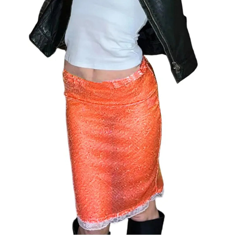 VacationGrabs Women's Fashion Midi Skirts Sequins Lace Trim Low Waist Skirts Summer Fashion Bodycon Skirts Dress Y2K Streetwear