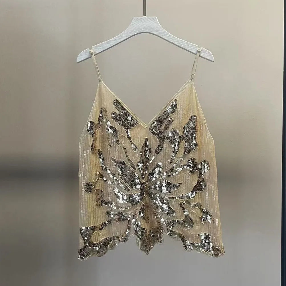 VacationGrabs Women Sexy Bead Mesh Cami Tops Women Silver Sequined Tanks Vest Summer Femme Bling Shiny Tanks Tops Party Clubwear