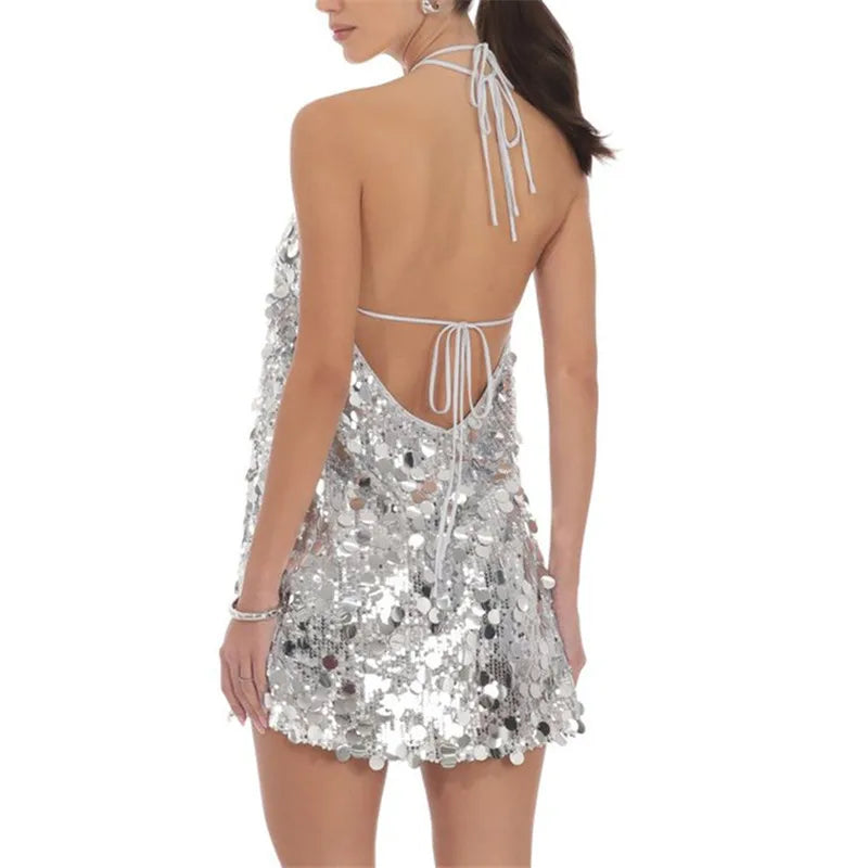 VacationGrabs Women Halter Backless Sequin Mini Dress Glitter Paillette Tie Up Short Dress Club Party Sparkly Cocktail Evening Dresses