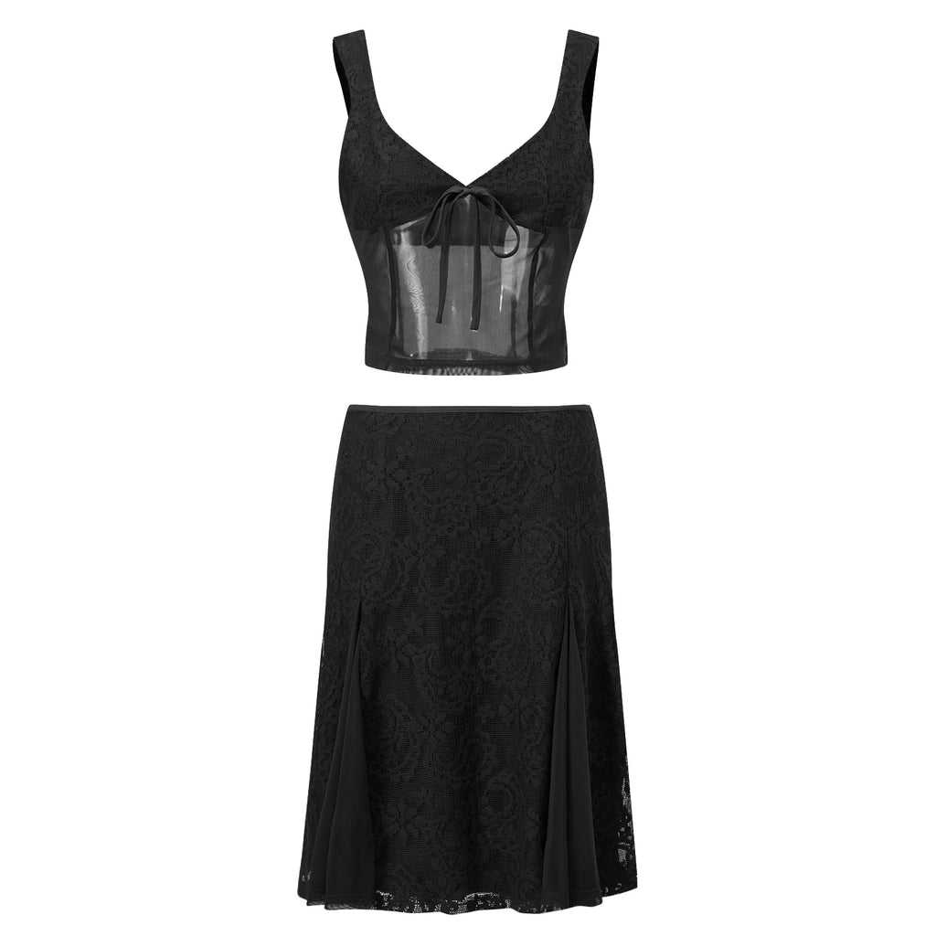 Women White Black Floral Lace 2 Piece Outfit Bow Front U Neck Cami Crop Top Low Waist Pleated Midi Skirt Y2K Beach Matching Set
