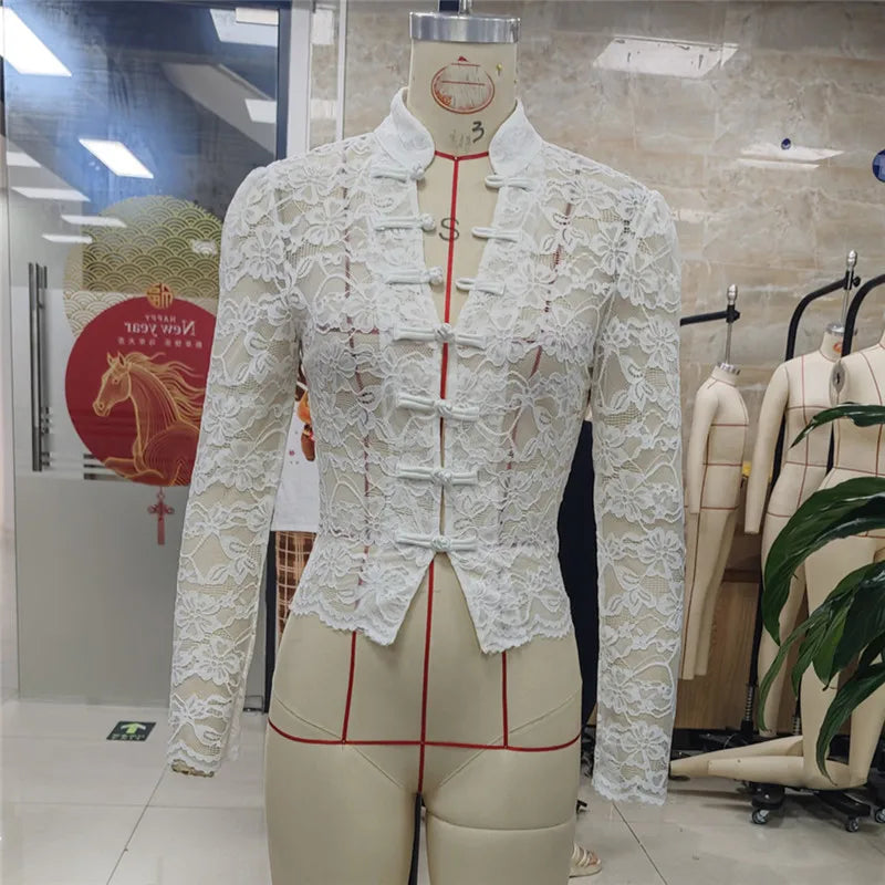 VacationGrabs Vintage Oriental Cheongsam Collar Lace Shirt Front Frog Knot Closure Scallop Hem Sheer Mesh Long Sleeve Slim Crop Top