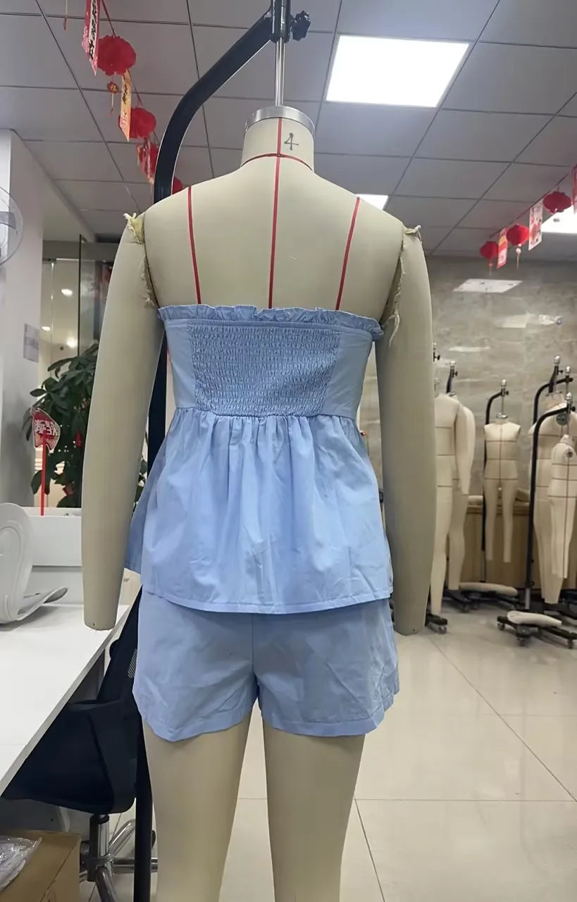 Strapless Ruffle Trim Two Piece Set Women's Pleated Tube Top and High Waist Shorts Casual Summer Vacation Beach Outfit