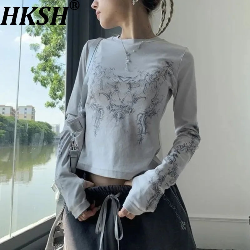 Women's Y2K Geometric Print Long Sleeve O-Neck Tee