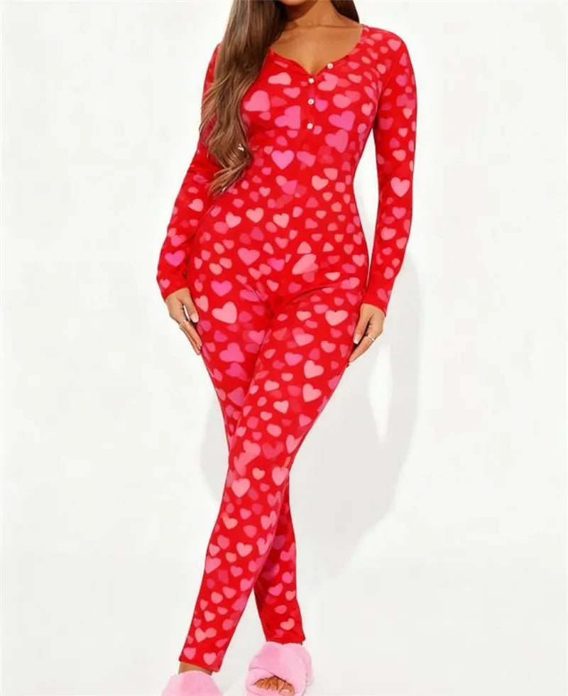 VacationGrabs Women Valentines Sexy Heart Print Long Sleeve Slim Fit Romper Pajamas Holiday Bodycon Button Up Jumpsuit Cute Pjs