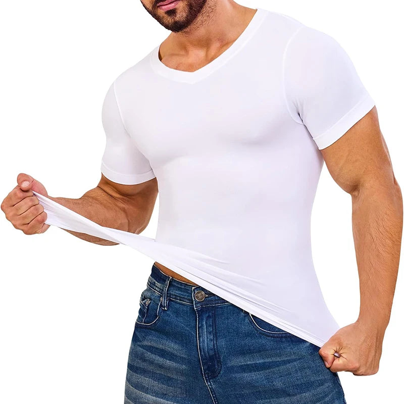 Mens Body Shaper Short Sleeved Compression Shirt V-Neck Slimming Undershirt Workout Abs Abdomen Tummy Control Quick Drying Tops