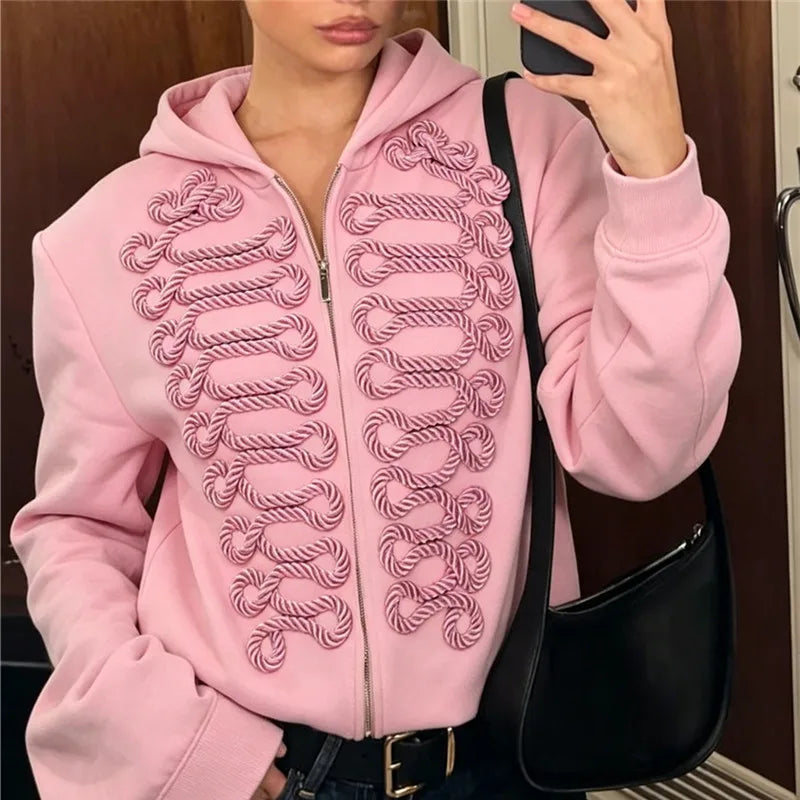 VacationGrabs Y2K Women Structured Shoulder Zip Hoodie 3D Rope Embroidery Braid Trim Jacket Street Fashion Casual Winter Hooded Coat