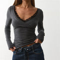 VacationGrabs Lace Trim V Neck Wrap Long Sleeve Crop Top Women Slim Ruched Solid Color Basic Layering T Shirt Autumn Going Out Blouse