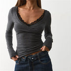 VacationGrabs Lace Trim V Neck Wrap Long Sleeve Crop Top Women Slim Ruched Solid Color Basic Layering T Shirt Autumn Going Out Blouse