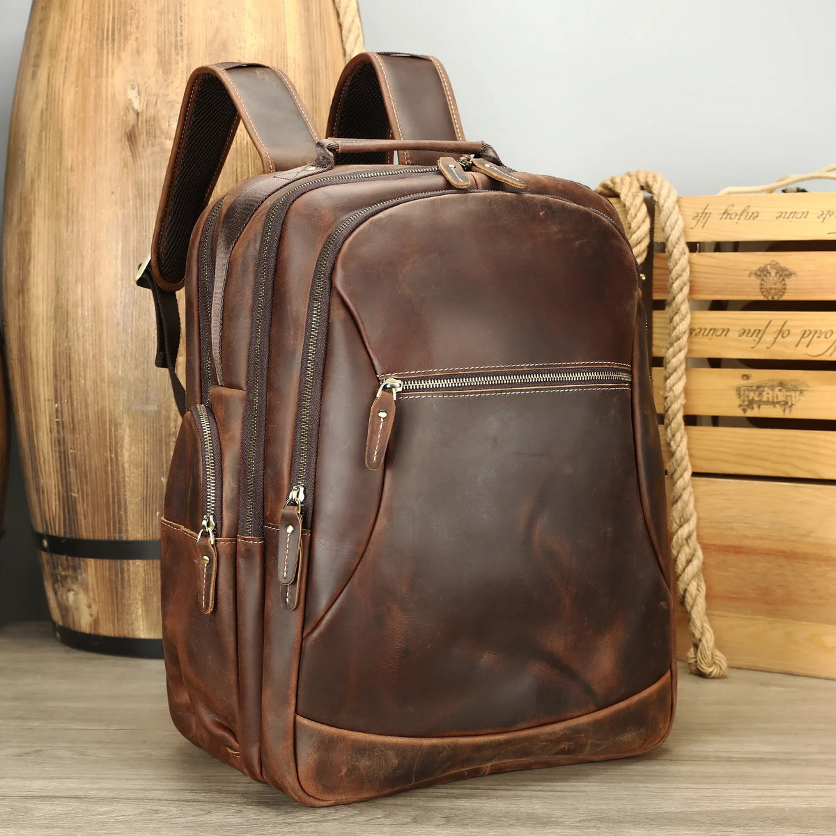 Frenzy Horsehide Men's Double-Shoulder Backpack, Cowhide Outdoor Travel Backpack, Men's Genuine Leather Double-Shoulder Bag