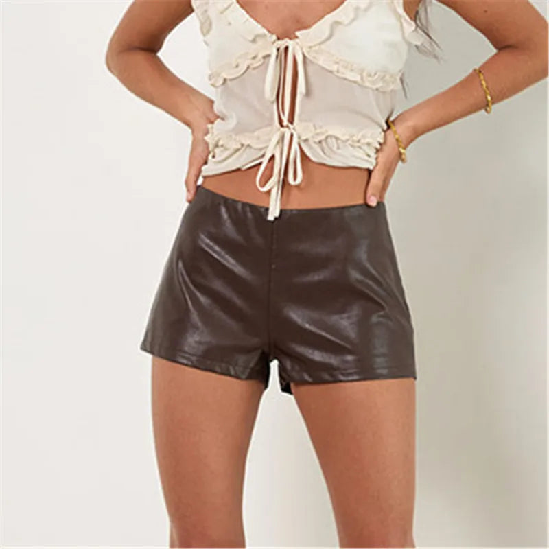 Y2K Sexy Low Rise PU Leather Mini Shorts Women Shiny Faux Leather Tight Booty Hot Pants Solid Color Night Club Street Bottom