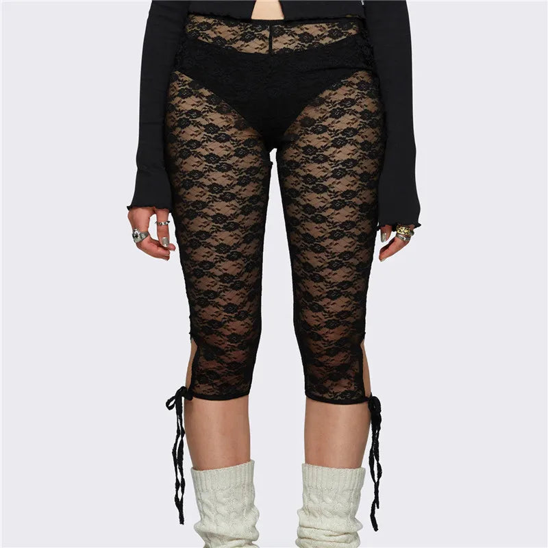 VacationGrabs Lace Capri Leggings for Women Y2k Mesh See Through Pants Fairycore Floral Lace Tights Pants for Daily Streetwear