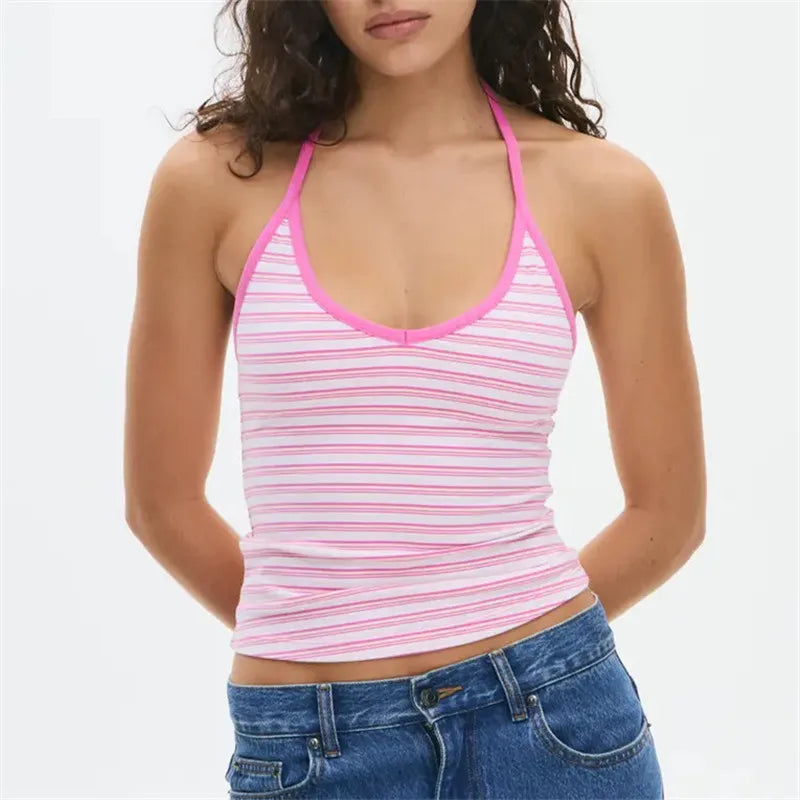 VacationGrabs Halter Neck Tank Tops for Women Y2K Striped Scoop Neck Slim Fit Sleeveless Cami Tops Trendy Summer Casual Going Out Vest