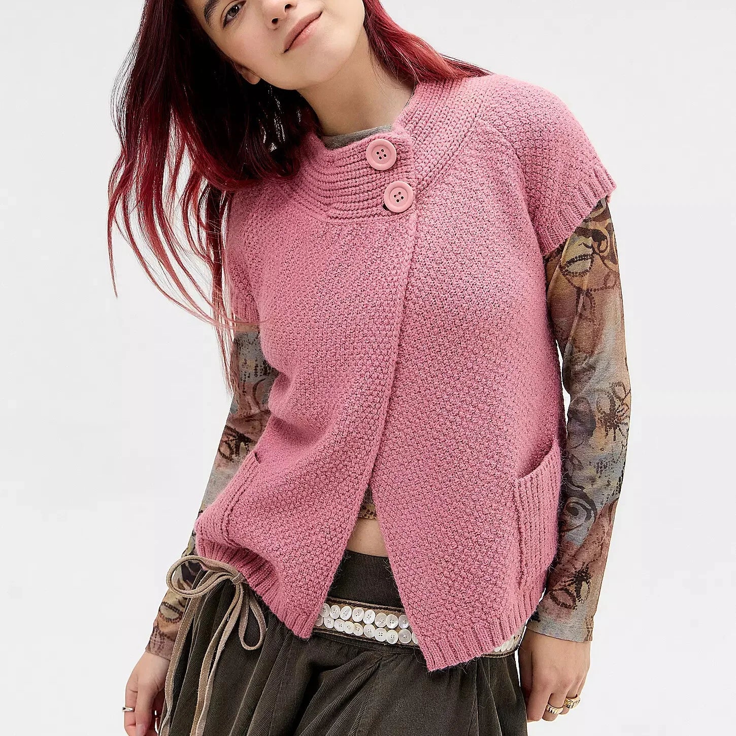 VacationGrabs Knitted Sweater Cardigan Tee Round Neck Short Sleeve Women's Breathable Soft Button Decorated Loose Fit Jumper Top