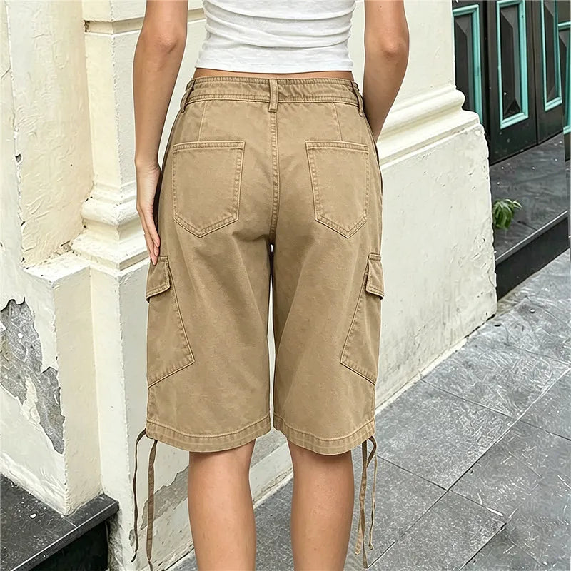 VacationGrabs Women's Y2K Low Waist Cargo Bermuda Shorts Drawstring Tie Hem Knee Length Pants with Pockets Casual Loose Fit Streetwear