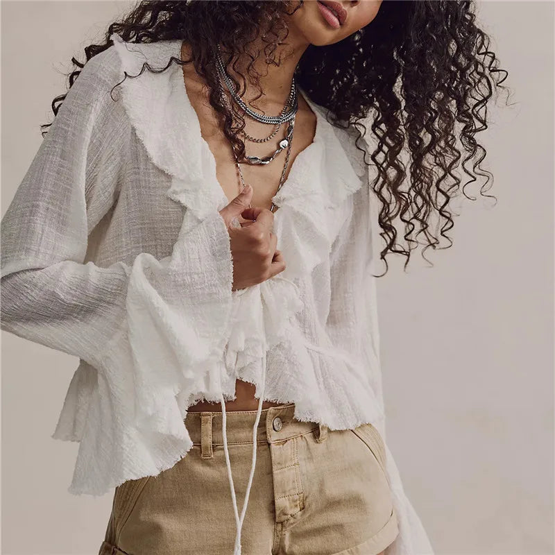VacationGrabs Y2K Retro Raw Fringe Ruffle Crop Blouse Women Crinkled Texture V Neck Tie Front Flare Long Sleeve Casual Street Shirts