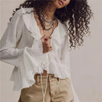 VacationGrabs Y2K Retro Raw Fringe Ruffle Crop Blouse Women Crinkled Texture V Neck Tie Front Flare Long Sleeve Casual Street Shirts