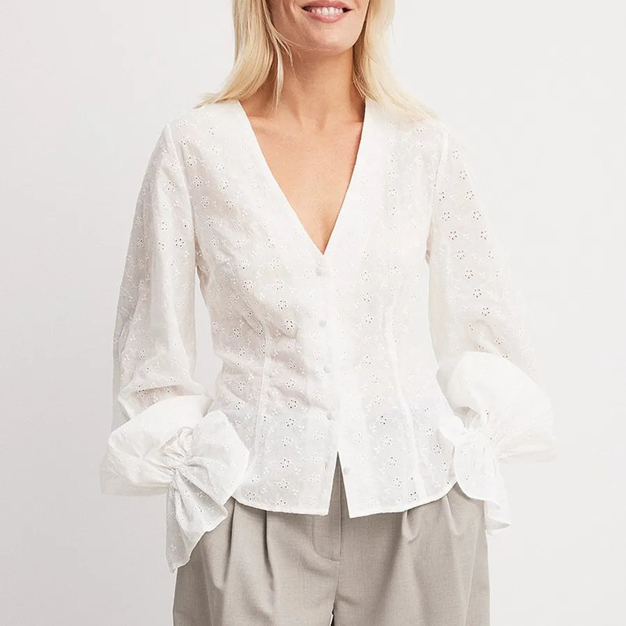 VacationGrabs Women's Fall Button Up Blouse Casual Loose Fit Stylish Embroidered Solid Color Eyelet V Neck Long Sleeve Tops