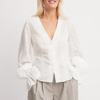 VacationGrabs Women's Fall Button Up Blouse Casual Loose Fit Stylish Embroidered Solid Color Eyelet V Neck Long Sleeve Tops