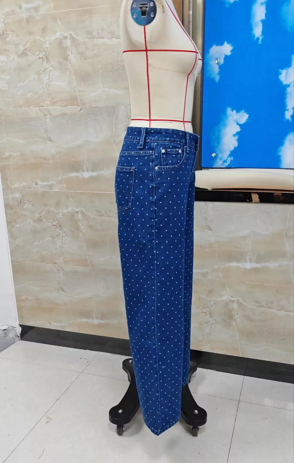 VacationGrabs Y2K Polka Dot Jeans Women Vintage Stretch Wide Leg Denim Pants Casual Distressed Baggy Boyfriend Jeans with Pockets