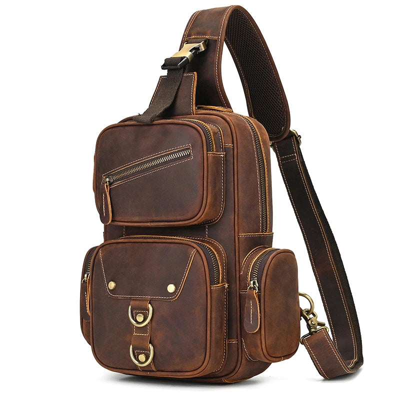 Newsbirds Genuine Leather Chest Bag Crazy Horse Leather Vintage Chest Pack Single Shoulder Crossbody Backpack For Men Male Bag