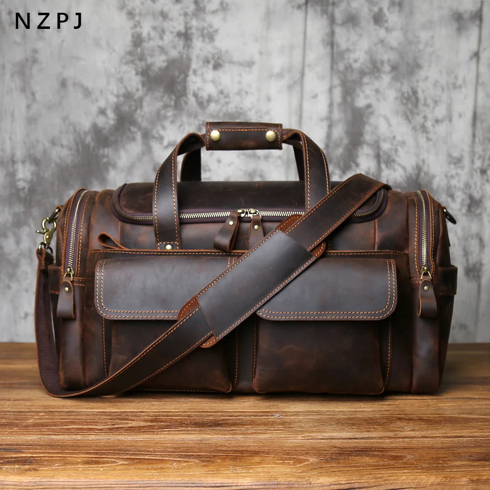 Men's Vintage Genuine Leather Travel Duffel Bag – Large Capacity Weekender