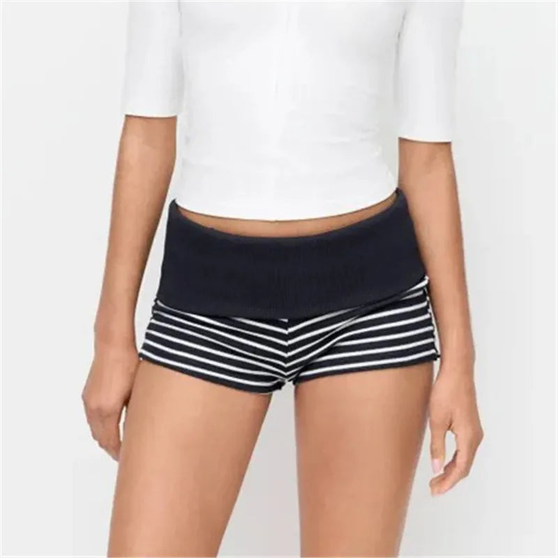 VacationGrabs Women Fold Over High Waist Striped Ribbed Knit Booty Shorts Y2K Slim Bodycon Mini Hot Pants Casual Loungewear Bottoms