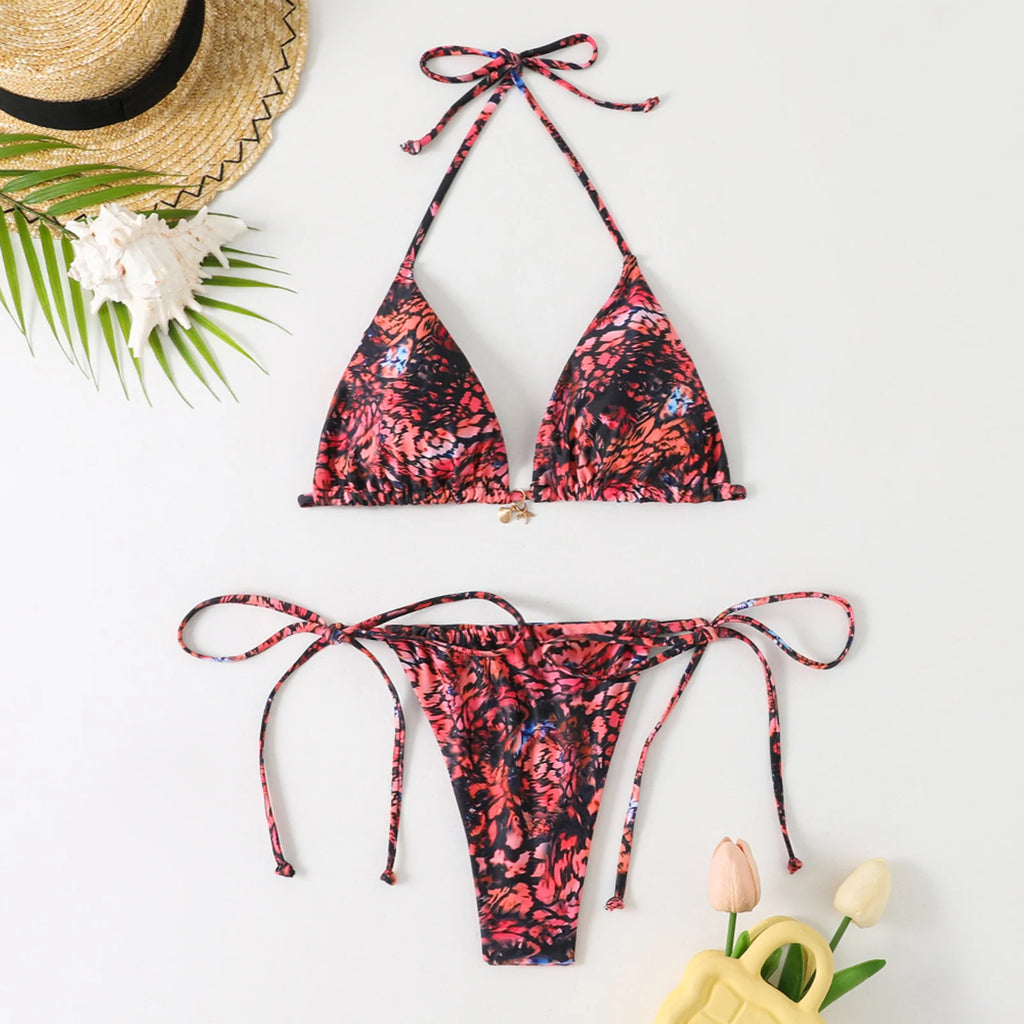 VacationGrabs Women 2 Pieces Bikini Swimsuit Spaghetti Strap Top Tie Side Triangle G-Thong Bathing Suit Beach Holiday Swimwear