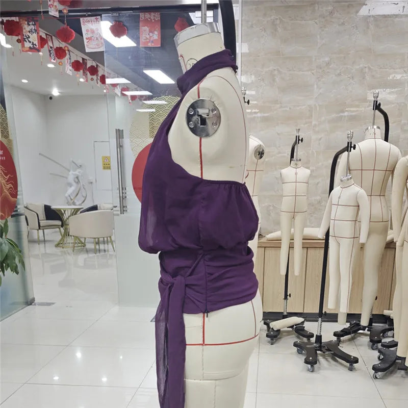 VacationGrabs Elegant Plum Purple Halter Top Women Open Back Sleeveless Blouse Tie Waist Flowy Top For Office Commute And Casual Wear