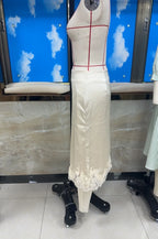 VacationGrabs Women Silk Satin Half Slip Long Skirts Lace Patchwork Elastic Waist Long Skirt Elegant Silky Flowy A Line Midi Skirts