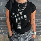 Retro Gothic Women's Studded Cross Baby Tee Fitted Black Short Sleeve T-Shirt Emo Punk Rock Streetwear for Dark Style