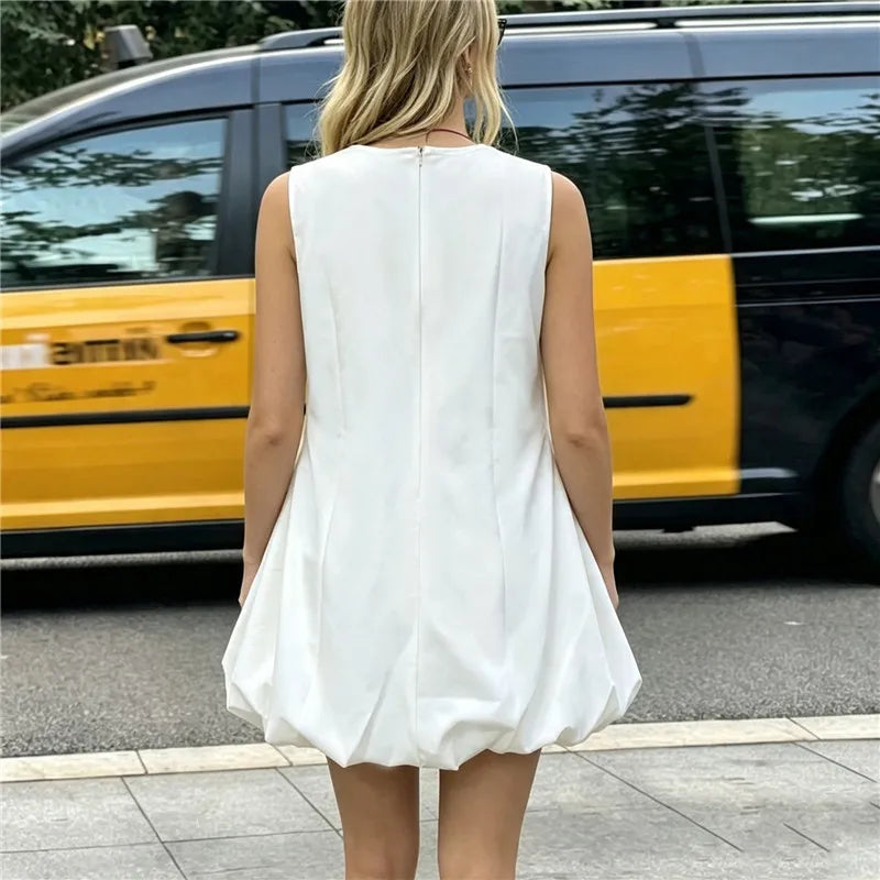 VacationGrabs Women Sleeveless Round Neck Mini Dress Solid Puffy Bubble Hem Balloon Dress Back Zipper Loose Casual A Line Short Dress
