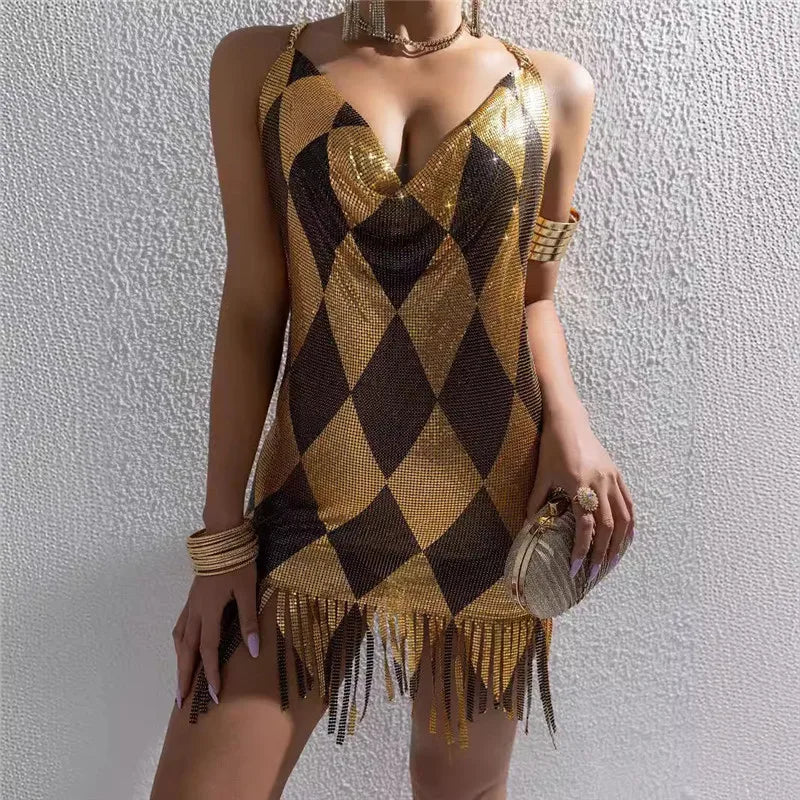 VacationGrabs Women Rhombus Sparkly Rhinestone Mesh Mini Dress Chain Halter Backless Fringe Hem Bodycon Dress Nightclub Party Clubwear