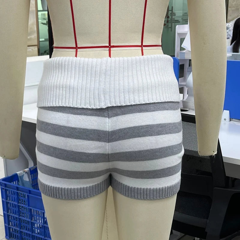 VacationGrabs Women Y2k Knit Mini Shorts Striped Foldover Low Waist Elastic Slim Fit Vintage Going Out Micro Bottom Streetwear