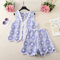 Women Summer Boho Vintage Knit Outfits Crochet Pattern V-Neck Tie Front Tank Tops with Wide Leg Shorts Vacation Two Pcs Set
