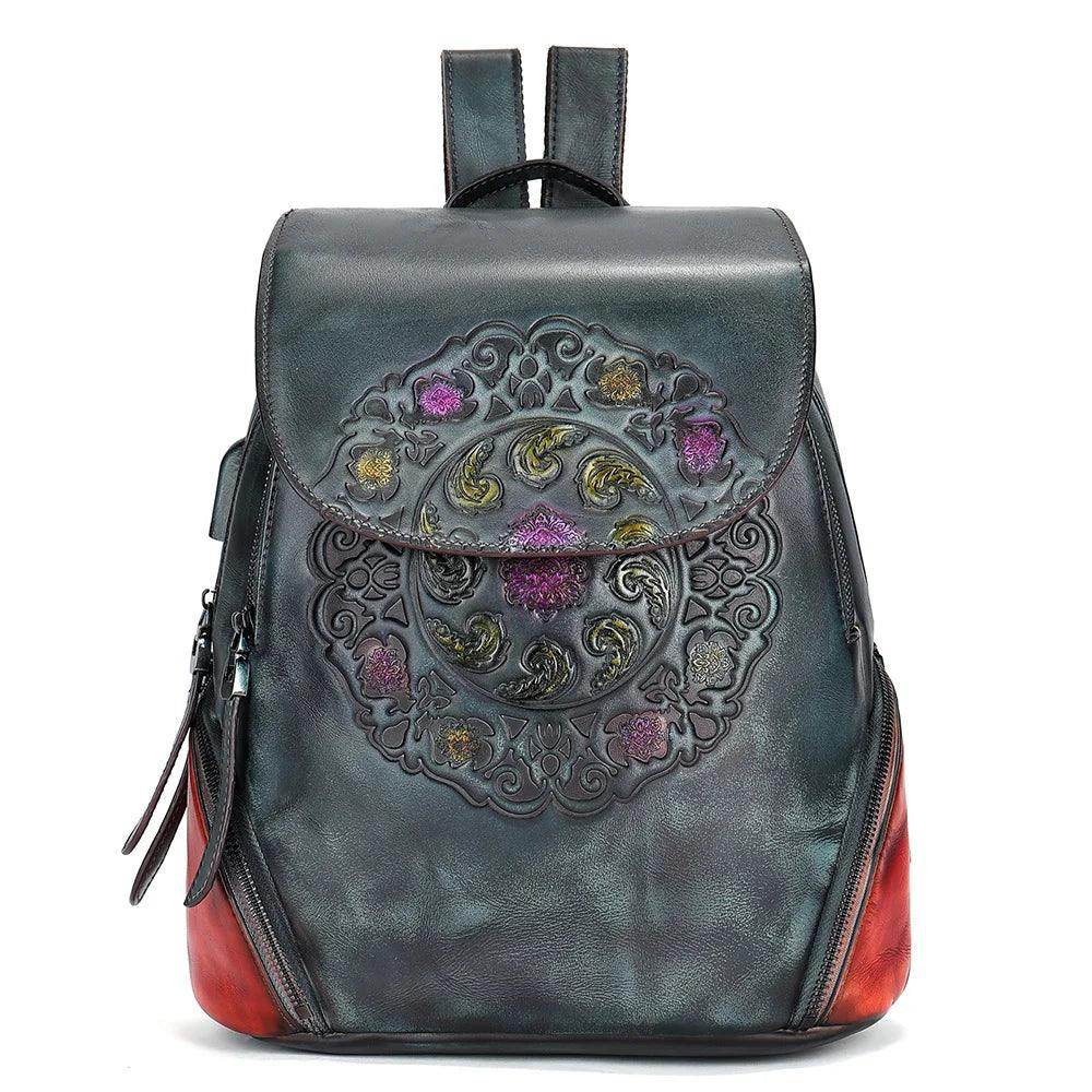 Retro Embossed Floral Backpack For Women Genuine Leather - VacationGrabs