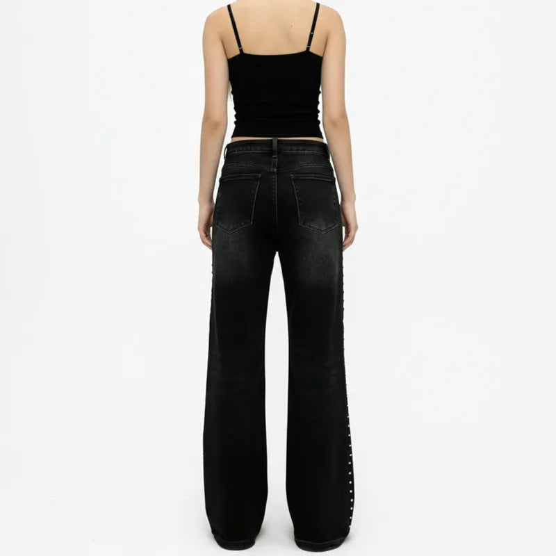 VacationGrabs Women Jeans Causal Wide Straight Leg Studded Rhinestone Decor Denim Pants with Pockets All Match Vintage Streetwear