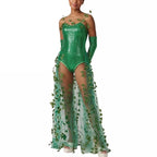 VacationGrabs Ivy Cosplay Outfit Women Sequin Bodysuit Ivy Leaf Tulle Train Long Gloves Halloween Party Carnival Fancy Dress Costume