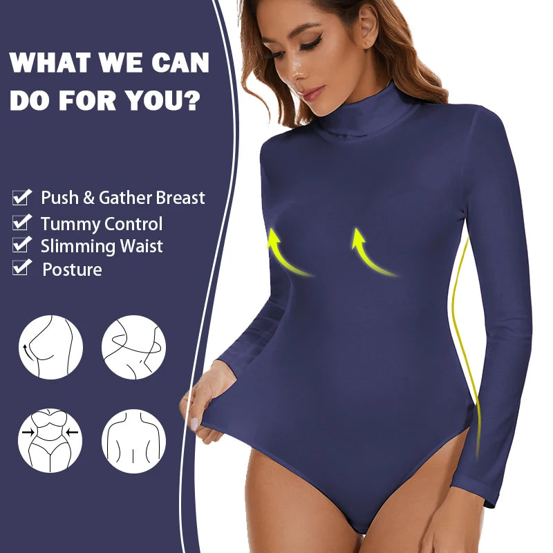 Women's High Collar Thermal Bodysuit, Long Sleeve Compression Top